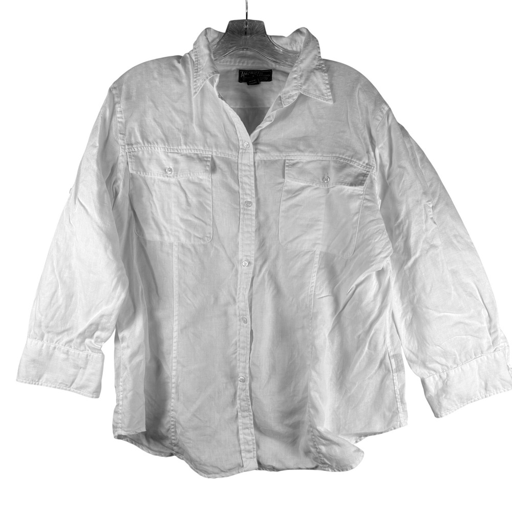 American Living Womens XL White 100% Linen Roll Tab Sleeve Button Down Shirt Top